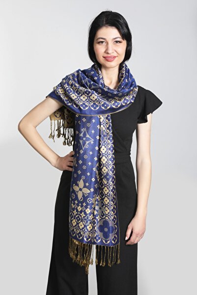 Mystic Sax Mavi Gold Pashmina Şal
