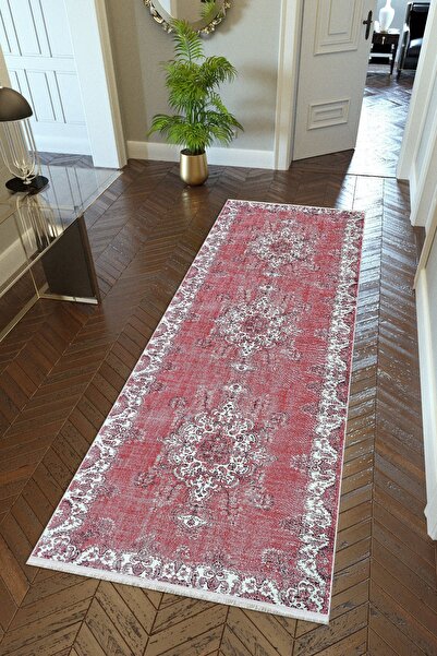 10 Post Online Claret Red Digital Printed Round Oval Non-Slip Carpet - Thin Washable