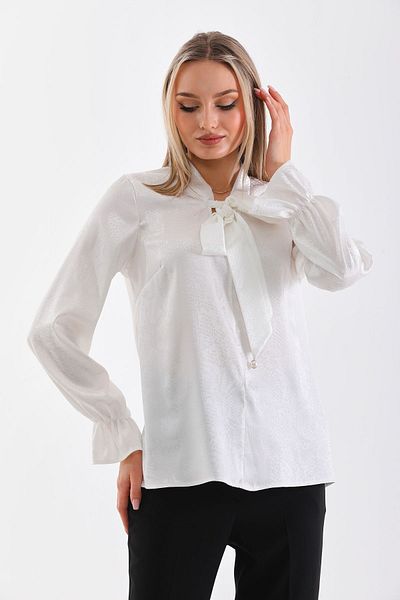 Loom Boutique Women's Plus Size Satin Self Leopard Print Tie Collar Blouse B0048