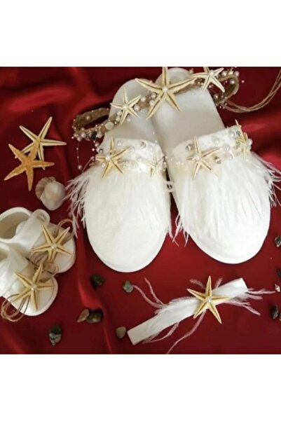 Elzem Tasarım Hediyelik Beyaz Deniz Yıldızı Lohusa Taç Terlik Set