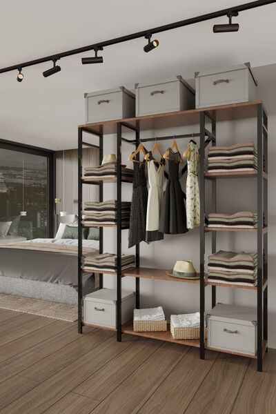 Genel Markalar Majorka 180x150x35 Siyah Metal Ahşap Desenli Yonga Levha Açık Giyinme Dolap Portmanto Elbise Askılık