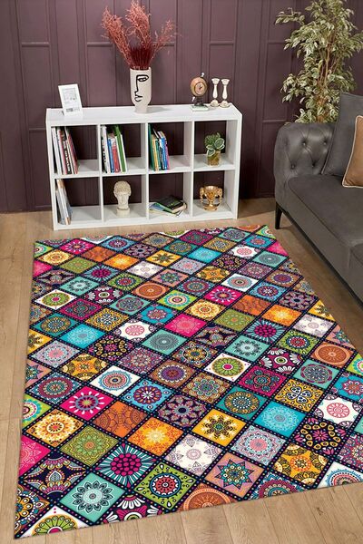 DEKOMOD Dekoratif Dijital Baskılı Kaymaz Taban Yıkanabilir Tüylenmez Kadife K...