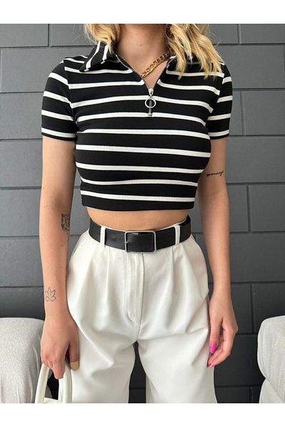 BİKELİFE Figurbetonte, gestreifte Damen-Kurzbluse mit Polokragen – Reißverschlussdetail