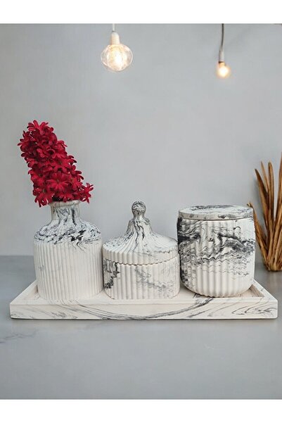 BSG HOME Mermer Desenli Mumluklu Vazo Seti - Dikdörtgen Tepsili Dekoratif Vazo Seti (MUM DAHİLDİR.)
