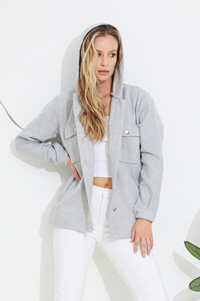 Go Veform سترة نسائية رمادية - بغطاء للرأس وأزرار وجيوب ZN5089