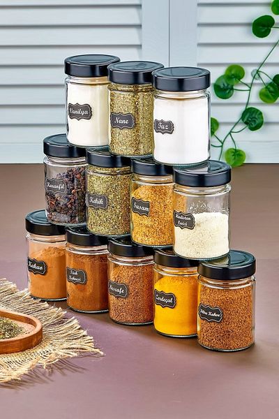 FBZhome 12-Piece Labeled Glass Spice Jar Set 350 Ml Luxury Glass Jar (With Label Gift)
