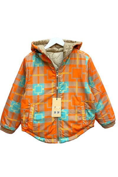 LİTTLE TORTOİSE Girl - Double Sided Usable Plaid Hooded Colored Coat
