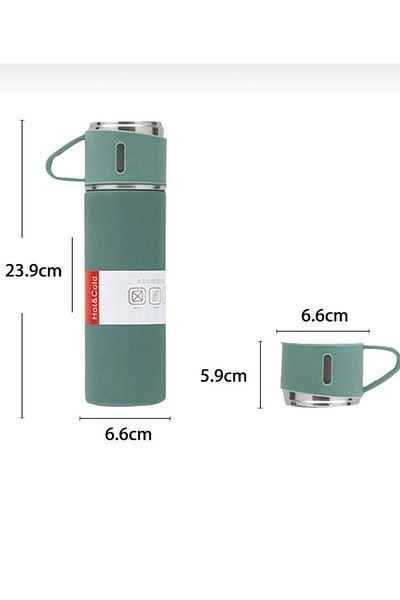 saraaydınbutik Stainless Steel Thermos Green Color 3 Glass Thermos Set Vacuum Thermos Set