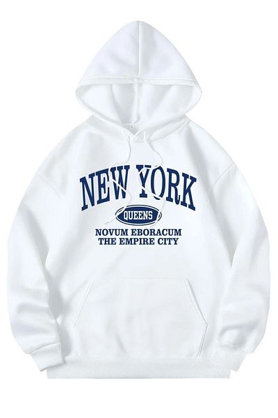 MODAGEN Unisex New York Printed Hooded White Oversize Sweatshirt
