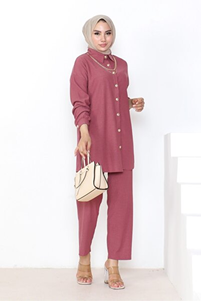Bestenur 927 Model Dried Rose Tunic and Trousers Double Set - Necklace and Wrap