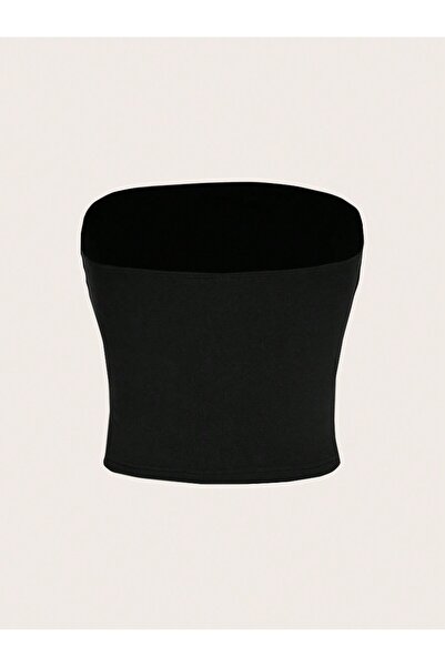 Jose Clothing Black Strapless Ribbed Printed Crop Blouse