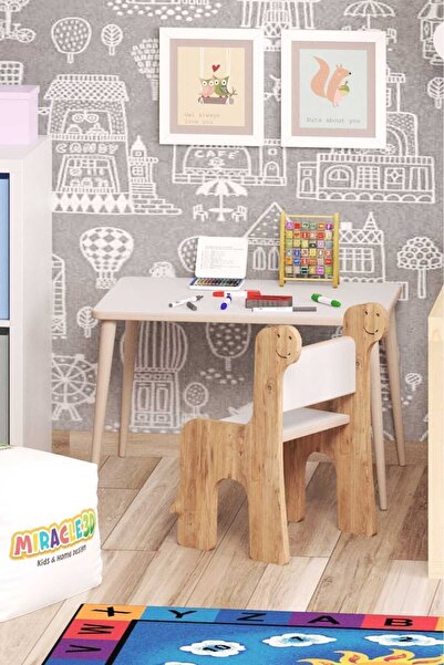 MİRACLE 3D MDF Çalışma Masası Ve Sırt Dayamalı Sandalye (2-6 YAŞ) Beyaz 43 cm...