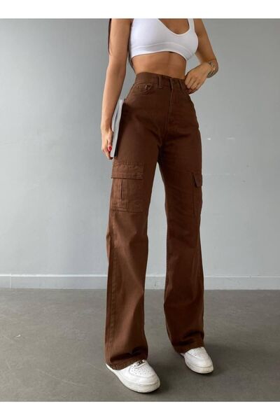 SU SHE Καφέ Φαρδύ πόδι Cargo Pocket Palazzo Denim Παντελόνι Τζιν