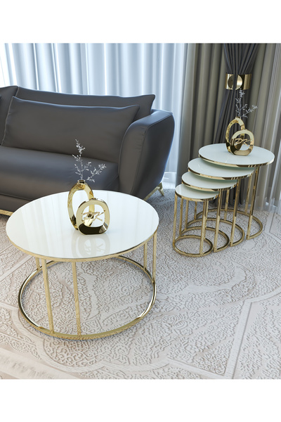 Puklife 4lü Ceylin  Zigon Ve Orta Sehpa Seti Gold Renk Metal Ayak Beyaz Cam