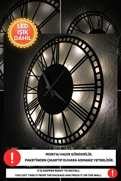 Dekorvin Led Işıklı Rakamlı Duvar Saati Sessiz Dekoratif Modern Siyah Duvar S...