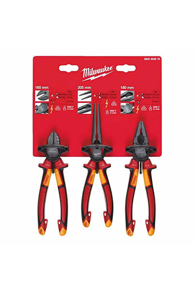 Milwaukee Milwauke Ağır Hizmet Tipi Izoleli Elektrikçi Pense Kargaburun Yankeski Seti 3 Parça Set 1000v T49324