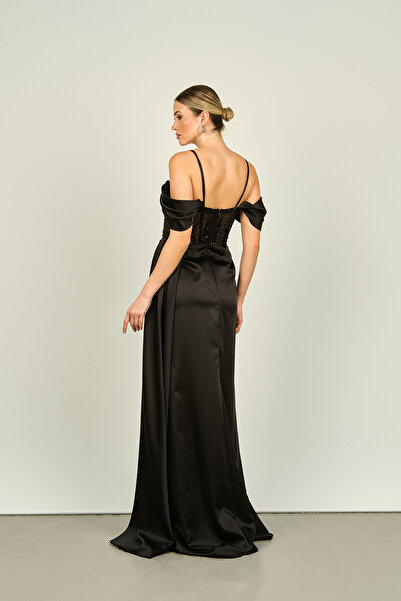 Saygın Black Satin Long Evening Dress with Straps, Sheer and Sequins 2437