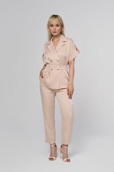 Usainte Stone Color Double Breasted Collar Women's Set - Belted Top and Trousers