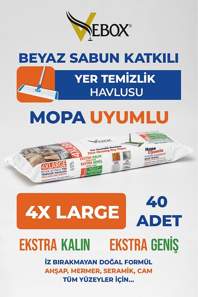 VEBOX White Soapy - Mopa Compatible Easy Wet Wipes Floor Cleaning Towel, 4XL 40 Sheets