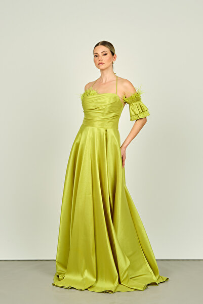 Saygın Pistachio Green Taffeta Fabric Evening Dress with Halter Neck and Sleeve Detail 3496