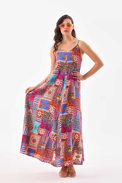 NAVY Patchwork Düz Askılı Elbise