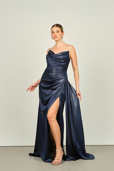 Saygın Navy Blue Glitter Shiny Evening Dress - Stone Chain Strap, Deep Slit 4535