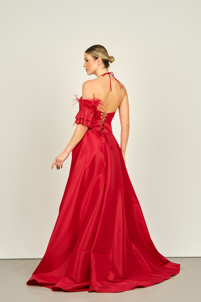 Saygın Red Taffeta Fabric Evening Dress with Halter Neck and Sleeve Detail 3496