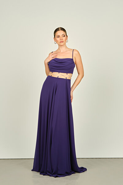 Saygın Purple Chiffon Evening Dress - Straps, Belly Transparent and Stone Detailed 4584