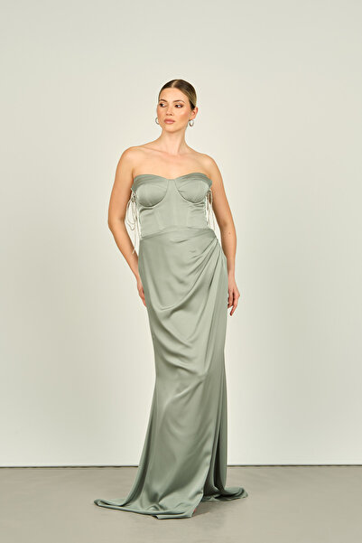 Saygın Çağla - Strapless Collar and Deep Slit Satin Women's Evening Dress 3534