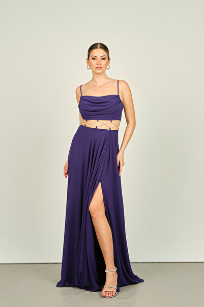 Saygın Purple Chiffon Evening Dress - Straps, Belly Transparent and Stone Detailed 4584