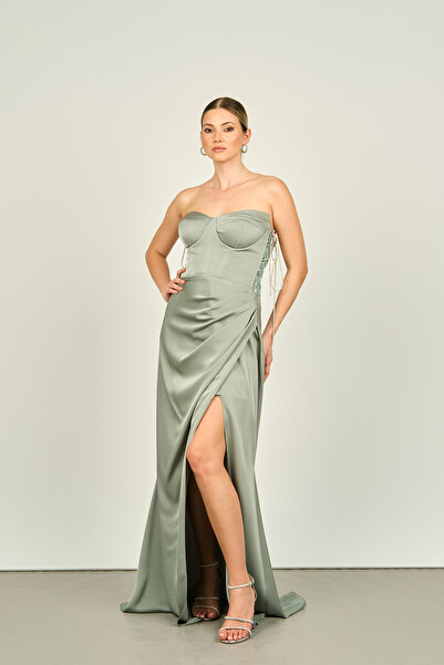 Saygın Çağla - Strapless Collar and Deep Slit Satin Women's Evening Dress 3534