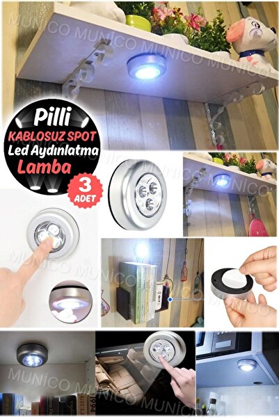 Munico 3 Adet Yüksek Güçlü 3 LED’li Kablosuz Dokunmatik Lamba ile Mutfakta, D...