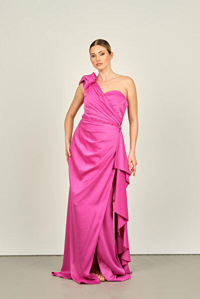 Saygın Fuchsia Satin Evening Dress - Single Shoulder, Deep Slit, Model 4564