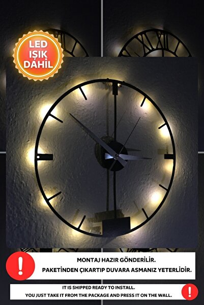 Dekorvin Led Işıklı Modern Duvar Saati Sessiz Dekoratif Modern Siyah Duvar Sa...