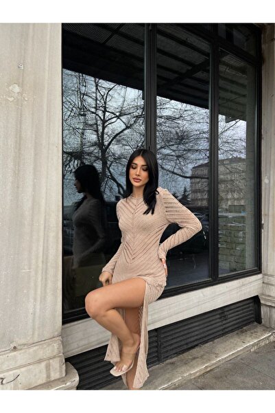 kenza'a Γυναικείο πλεκτό φόρεμα με σκίσιμο λεπτομέρεια