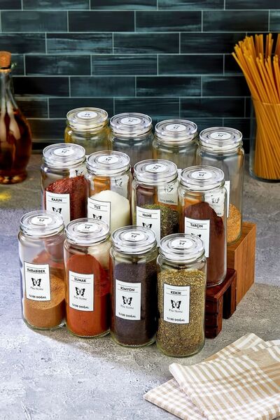 FBZhome Etiketli 12 Adet Büyük Boy Cam Kavanoz Seti Baharatlık - 500 ml