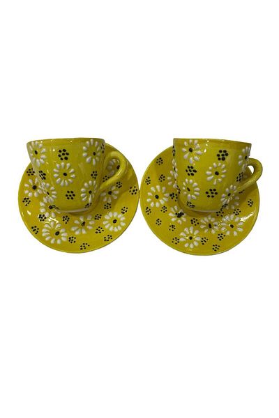 NADİR Ceramic Hand Embroidered 2-Person Cup Set Yellow Daisy