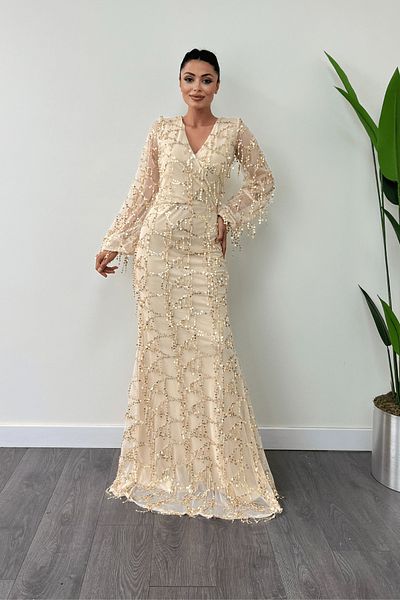 giyimmasalı Rochie de designer cu franjuri cu paiete - Aur