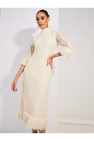 Styli Lace Insert Faux Fur Detail Sheath Midi Dress