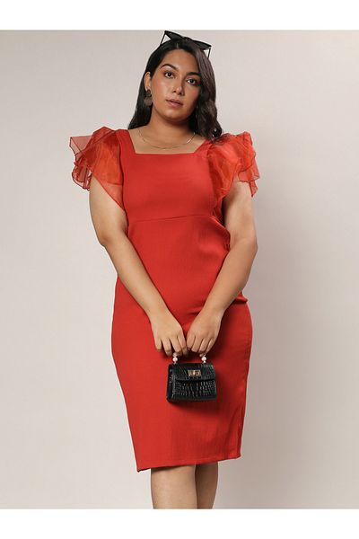 Campus Sutra By Styli Square Neck Bodycon Midi Dress with Ruffled Sleeves