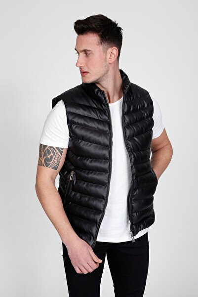 MODA BASKCA Men's Black Leather Puffer Vest
