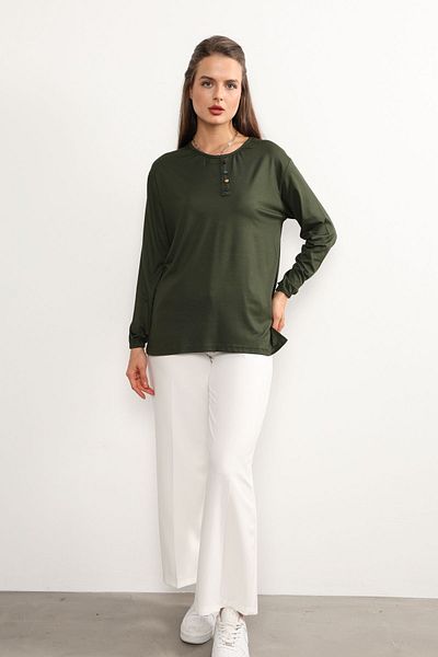 ziend fashion Khaki Women's Combed Cotton Blouse - Lycra, Button Pattern, Elastic Sleeve, for 4 Seasons