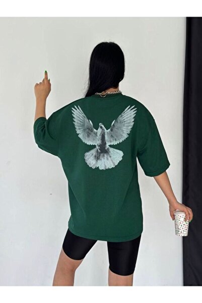 PALPİTO Naphtha Green Unisex Pigeon Štampano Oversize kroj majica