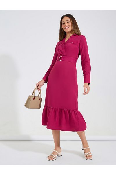 Styli Solid Fit & Flare Midi Dress with Pocket & Belt Detail