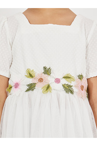 Styli Square Neck Mesh Insert Dress with Floral Belt