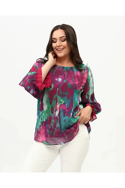TIAJOVEN Colorful Patterned Lined Chiffon Blouse Plus Size