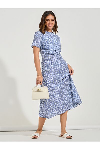 Luxewave By Styli AOP Ruched Round Neck Midi Dress