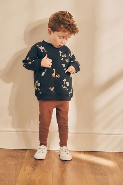 Next Baby Cotton Safari Designed Swearshirt and Bottom Set - Black and Brown