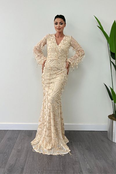 giyimmasalı Rochie de designer cu franjuri cu paiete - Aur