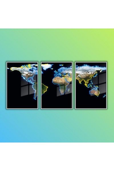 GAAGART Set of 3 Metal Framed Glass Painting Neon World Map
